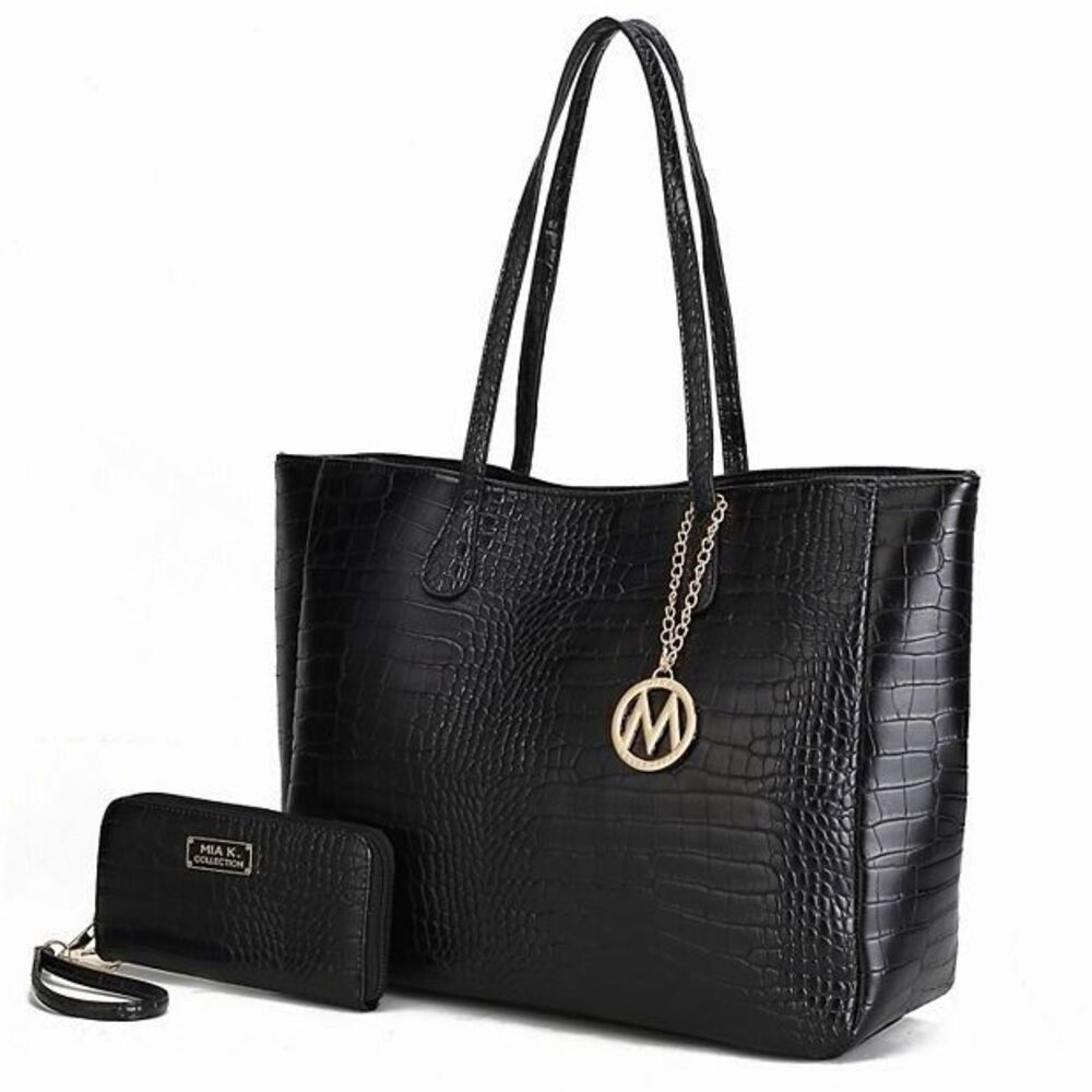 Mia K Farrow MKF Oversized Tote Purse Black Croc Embossed Faux Leather - Picture 11 of 12